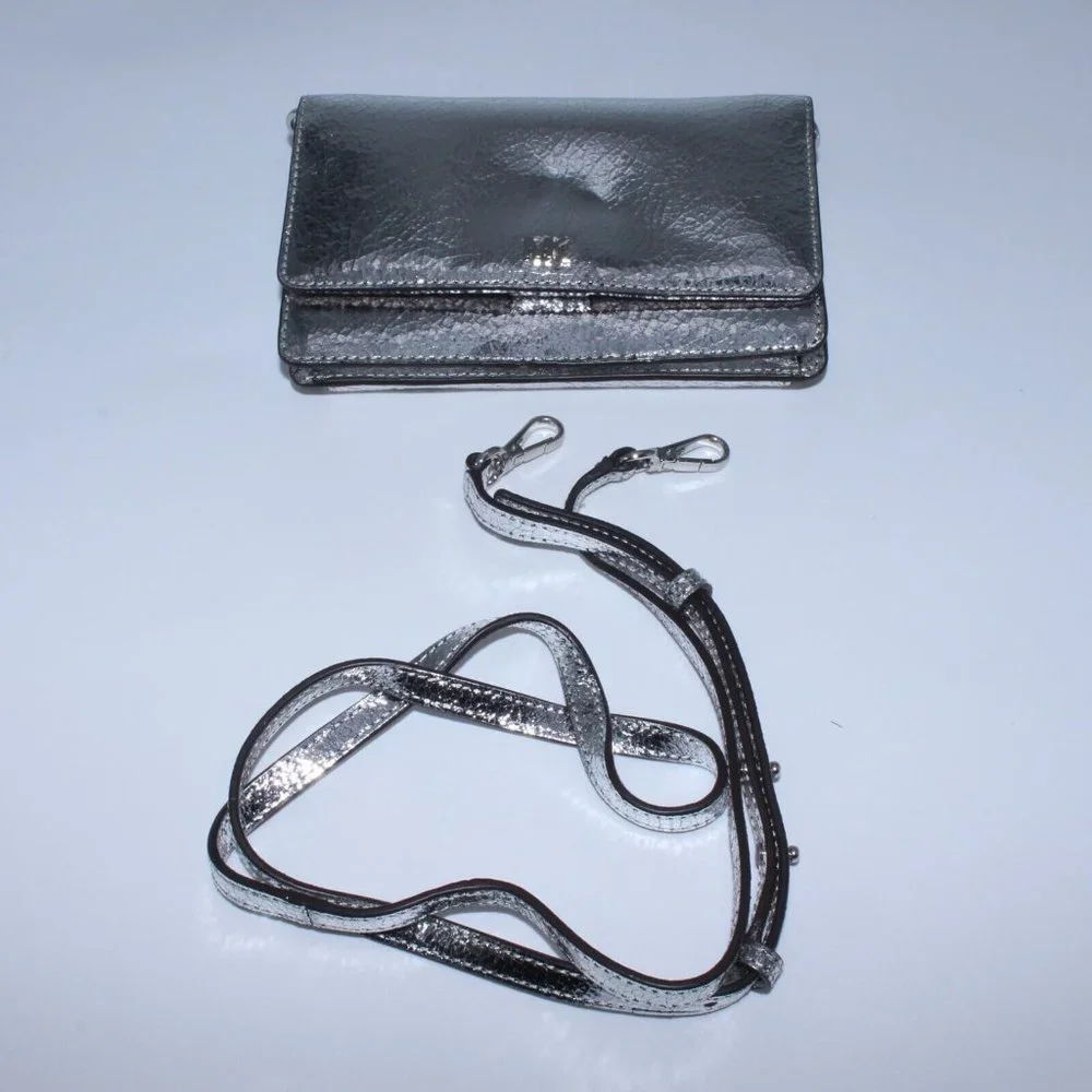 Michael Kors Medium Cross Body Bag Satchel Purse Gray Leather Metallic Silver